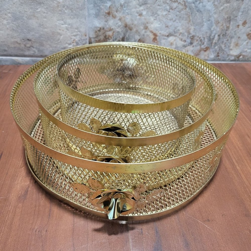 VTG Gold Plated Wire Mesh Baskets Round Metal Trays Rose Leaves Set of 3
